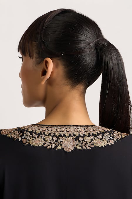 Ott_Black Silk Embroidery, Sequins, Tassels Round Neck Kani Contrast Placket Kaftan _Online_at_Aza_Fashions