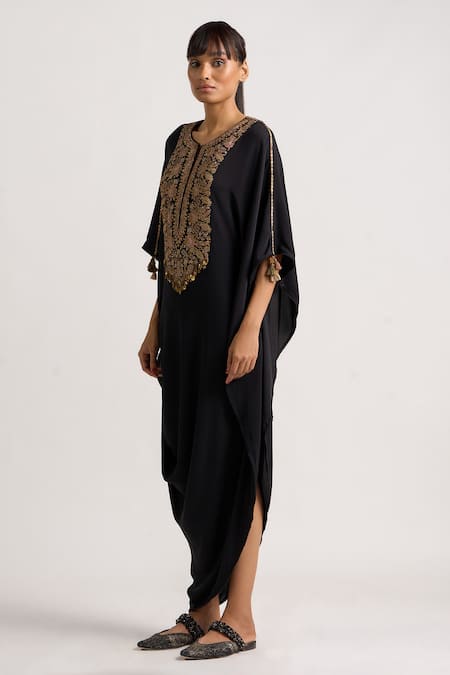 Shop_Ott_Black Silk Embroidery, Sequins, Tassels Round Neck Kani Contrast Placket Kaftan _Online_at_Aza_Fashions