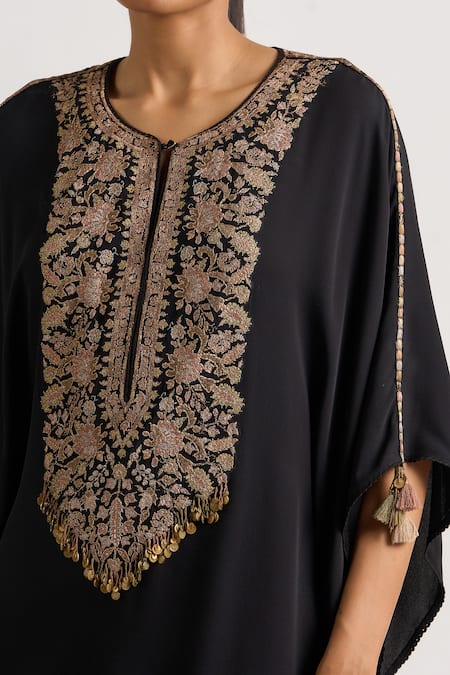 Ott_Black Silk Embroidery, Sequins, Tassels Round Neck Kani Contrast Placket Kaftan _at_Aza_Fashions
