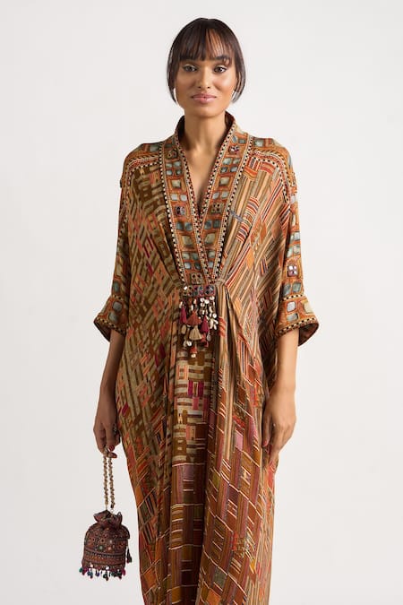 Ott_Brown Silk Mirrors, Tassels Shawl Neck Kutch Rabari Print Kaftan _Online_at_Aza_Fashions