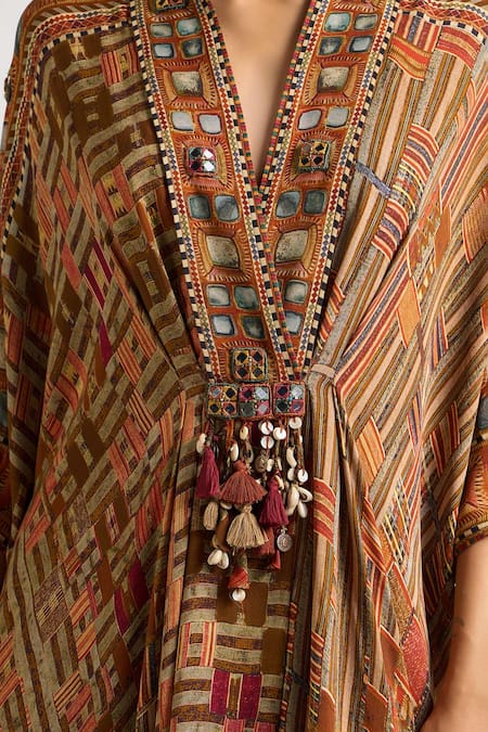 Buy_Ott_Brown Silk Mirrors, Tassels Shawl Neck Kutch Rabari Print Kaftan _Online_at_Aza_Fashions