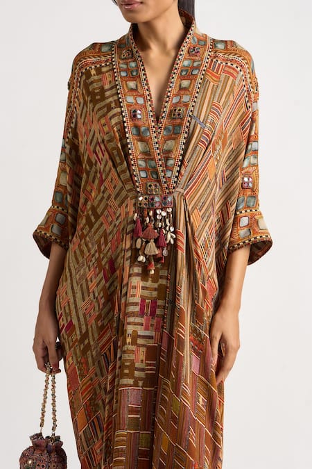 Shop_Ott_Brown Silk Mirrors, Tassels Shawl Neck Kutch Rabari Print Kaftan _Online_at_Aza_Fashions