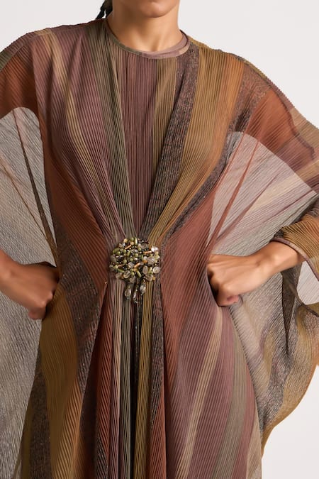 Buy_Ott_Brown Polyester Brooches Round Neck The Holiday Printed Kaftan _Online_at_Aza_Fashions