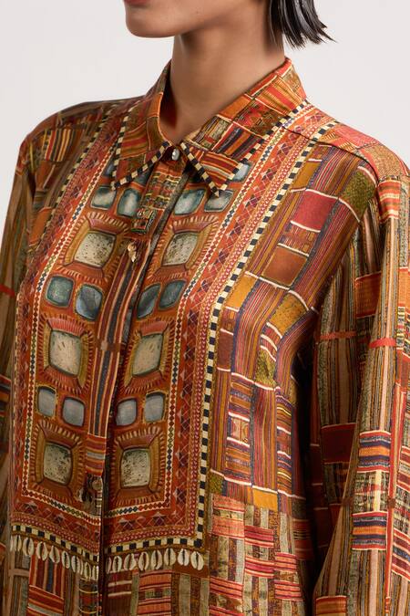 Ott_Brown Silk Mirrors, Tassels Collared The Kutch Shirt _Online_at_Aza_Fashions