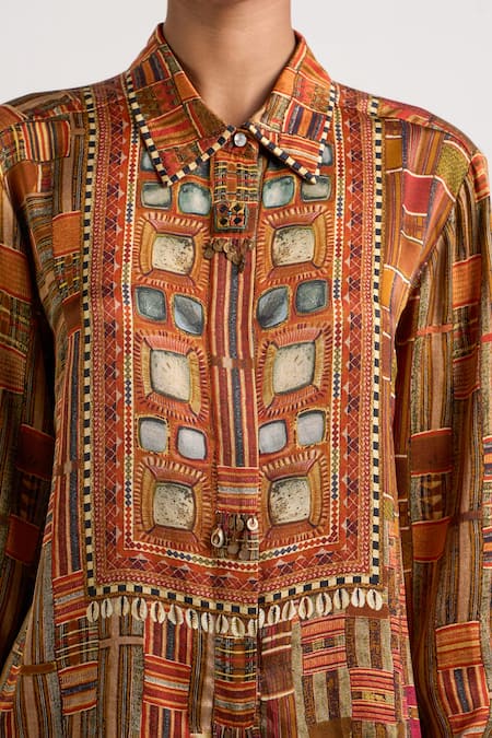 Shop_Ott_Brown Silk Mirrors, Tassels Collared The Kutch Shirt _Online_at_Aza_Fashions