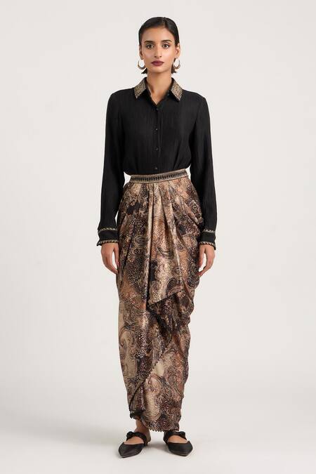 Ott_Black Silk Embroidery, Zari Collared Shirt _Online_at_Aza_Fashions