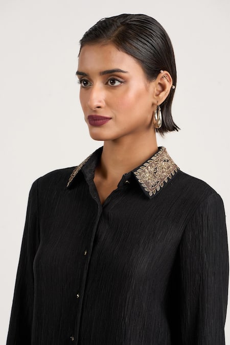 Ott_Black Silk Embroidery, Zari Collared Shirt _at_Aza_Fashions