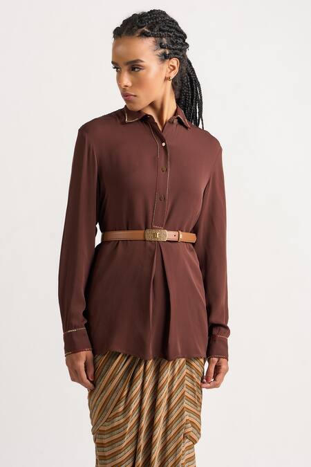 Ott_Brown Silk Embroidery Collared Kantha Shirt _Online_at_Aza_Fashions