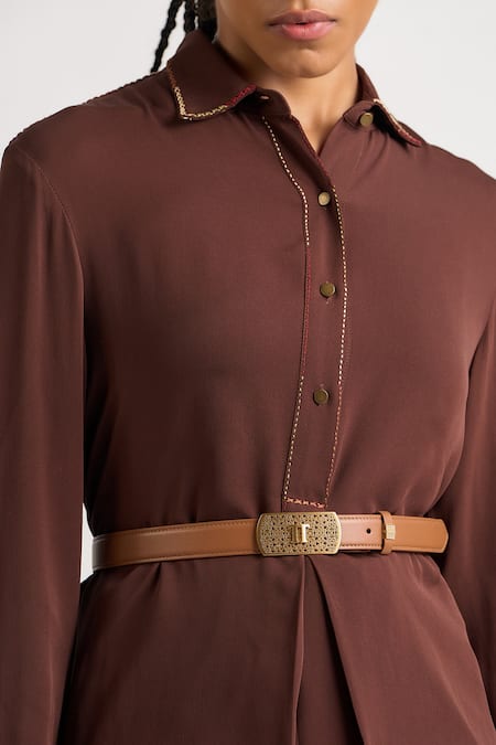 Shop_Ott_Brown Silk Embroidery Collared Kantha Shirt _Online_at_Aza_Fashions