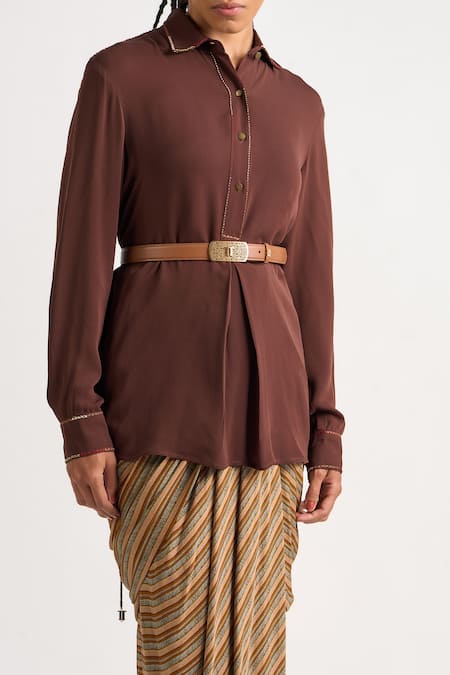 Ott_Brown Silk Embroidery Collared Kantha Shirt _at_Aza_Fashions