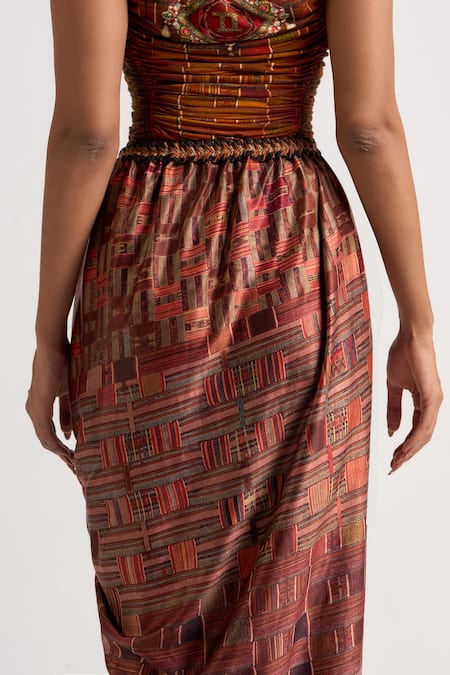 Ott Brown Polyester Beads Signature Printed Draped Skirt Online at Aza Fashions Ott_Brown Polyester Beads Signature Printed Draped Skirt _Online_at_Aza_Fashions