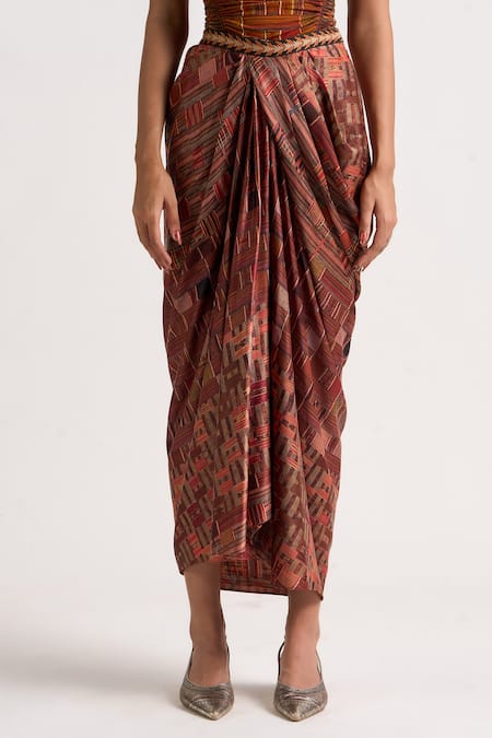 Buy Ott Brown Polyester Beads Signature Printed Draped Skirt Online at Aza Fashions Buy_Ott_Brown Polyester Beads Signature Printed Draped Skirt _Online_at_Aza_Fashions