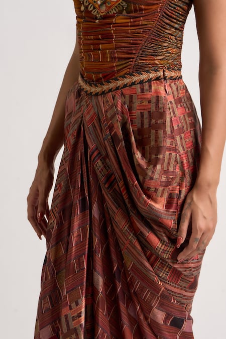 Shop Ott Brown Polyester Beads Signature Printed Draped Skirt Online at Aza Fashions Shop_Ott_Brown Polyester Beads Signature Printed Draped Skirt _Online_at_Aza_Fashions
