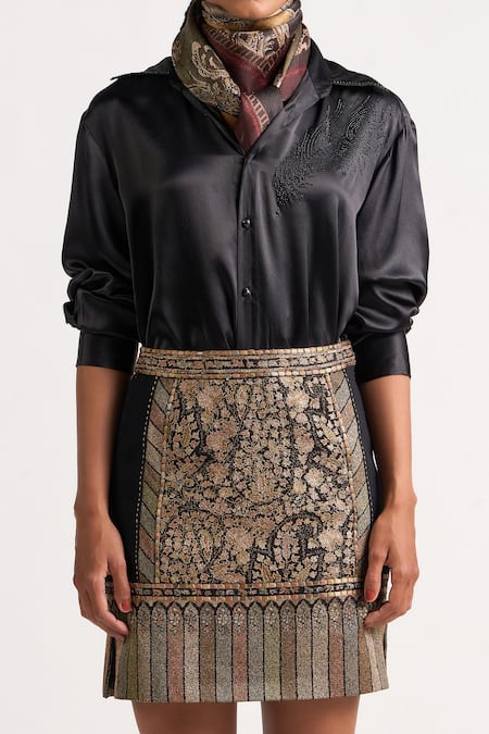 Ott_Black Cotton Embroidery, Zari Kani Mini Skirt _Online_at_Aza_Fashions