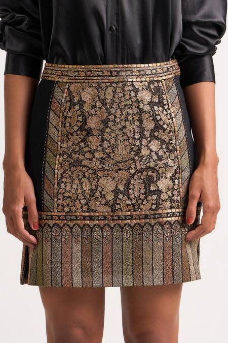 Ott_Black Cotton Embroidery, Zari Kani Mini Skirt _at_Aza_Fashions
