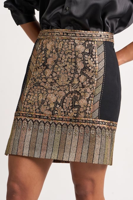 Buy_Ott_Black Cotton Embroidery, Zari Kani Mini Skirt 