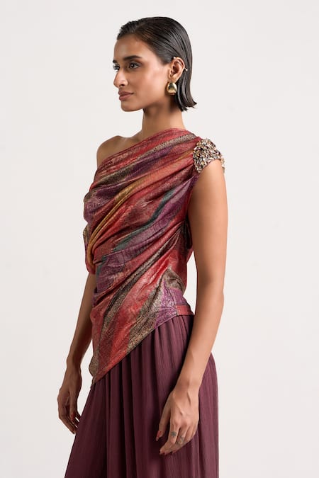 Ott Multi Color Polyester Crystals, Brooches One Shoulder The Jewelled Draped Top Online at Aza Fashions Ott_Multi Color Polyester Crystals, Brooches One Shoulder The Jewelled Draped Top _Online_at_Aza_Fashions