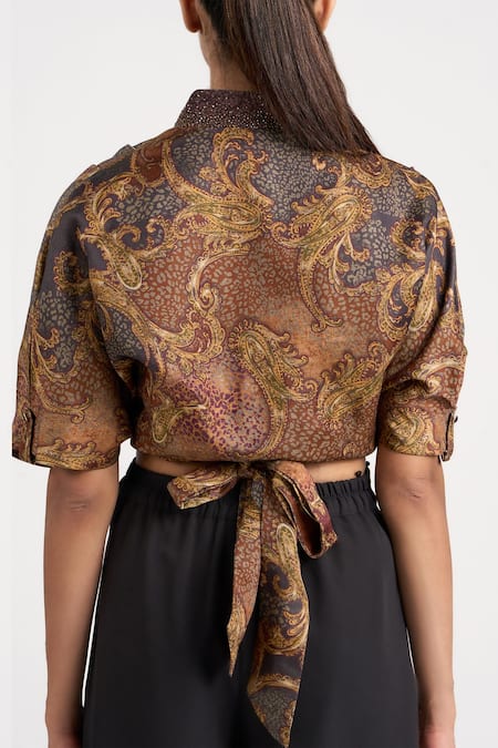 Ott Brown Viscose Embroidery Shawl Neck Vintage Paisley Wrap Top Online at Aza Fashions Ott_Brown Viscose Embroidery Shawl Neck Vintage Paisley Wrap Top _Online_at_Aza_Fashions