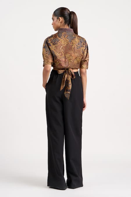 Shop Ott Brown Viscose Embroidery Shawl Neck Vintage Paisley Wrap Top Online at Aza Fashions Shop_Ott_Brown Viscose Embroidery Shawl Neck Vintage Paisley Wrap Top _Online_at_Aza_Fashions