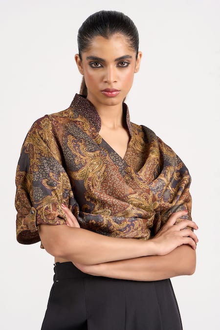 Ott Brown Viscose Embroidery Shawl Neck Vintage Paisley Wrap Top at Aza Fashions Ott_Brown Viscose Embroidery Shawl Neck Vintage Paisley Wrap Top _at_Aza_Fashions
