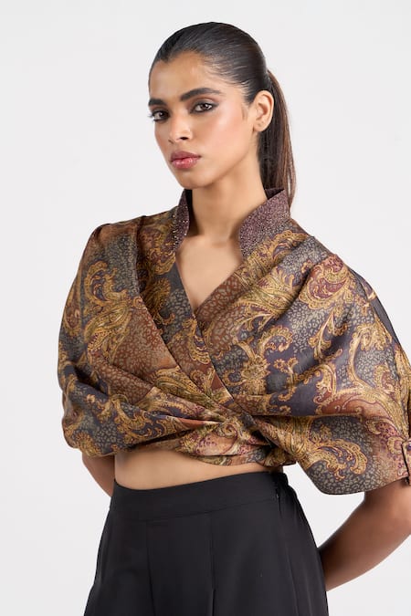 Buy Ott Brown Viscose Embroidery Shawl Neck Vintage Paisley Wrap Top Buy_Ott_Brown Viscose Embroidery Shawl Neck Vintage Paisley Wrap Top