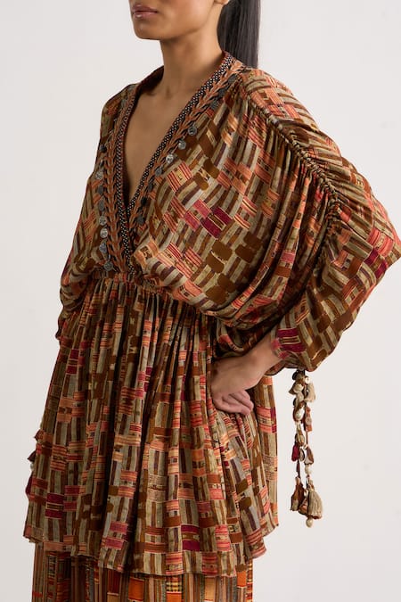 Ott_Brown Silk Tassels Plunge Neck Kutch Printed Top _Online_at_Aza_Fashions