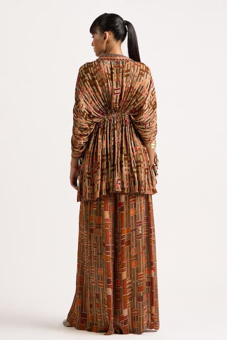Buy_Ott_Brown Silk Tassels Plunge Neck Kutch Printed Top _Online_at_Aza_Fashions