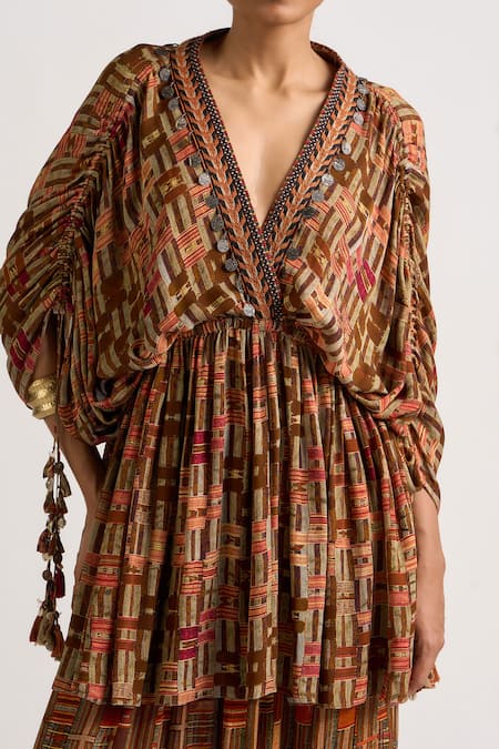 Ott_Brown Silk Tassels Plunge Neck Kutch Printed Top _at_Aza_Fashions