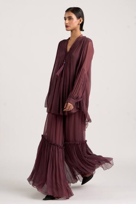 Ott_Purple Silk Tassels Mandarin Collar Sheer Asymmetric Top _Online_at_Aza_Fashions