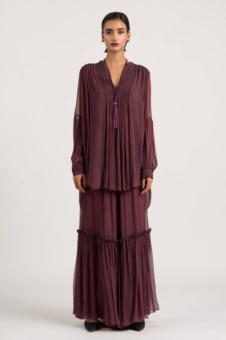 Shop_Ott_Purple Silk Tassels Mandarin Collar Sheer Asymmetric Top _Online_at_Aza_Fashions