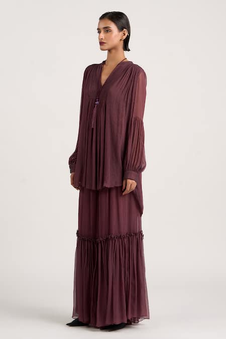 Ott_Purple Silk Tassels Mandarin Collar Sheer Asymmetric Top _at_Aza_Fashions