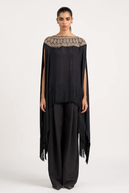 Ott_Black Silk Embroidery, Beads, Fringe Boat Neck The Tribal Asymmetric Top _Online_at_Aza_Fashions