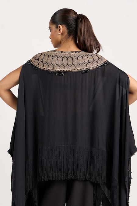 Buy_Ott_Black Silk Embroidery, Beads, Fringe Boat Neck The Tribal Asymmetric Top _Online_at_Aza_Fashions