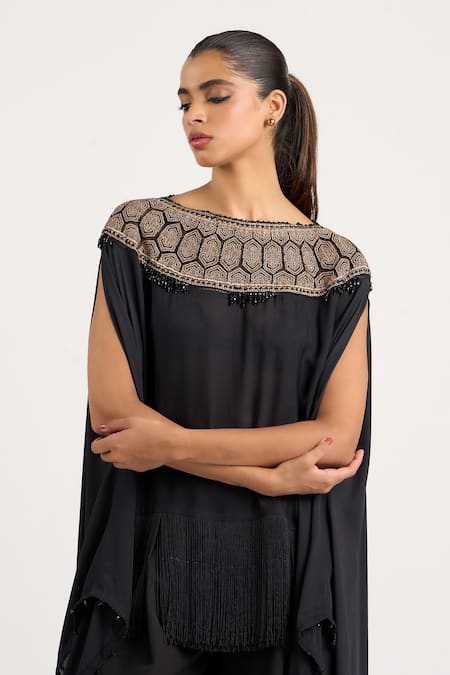 Ott_Black Silk Embroidery, Beads, Fringe Boat Neck The Tribal Asymmetric Top _at_Aza_Fashions