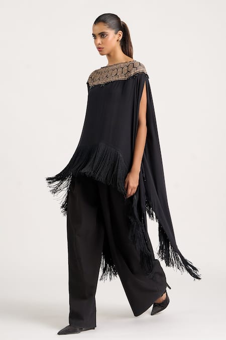 Buy_Ott_Black Silk Embroidery, Beads, Fringe Boat Neck The Tribal Asymmetric Top 
