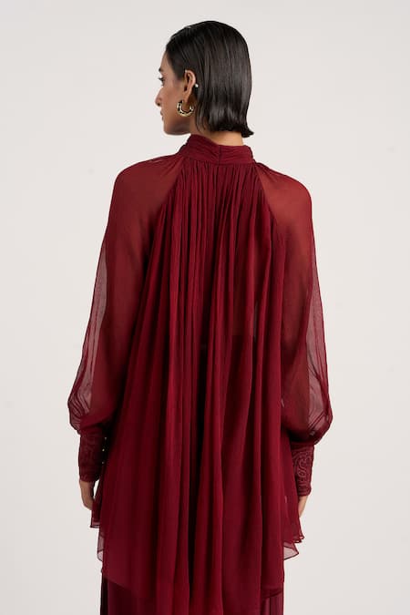 Ott_Maroon Silk Embroidery High Neck Double-layered Scarf Top _Online_at_Aza_Fashions