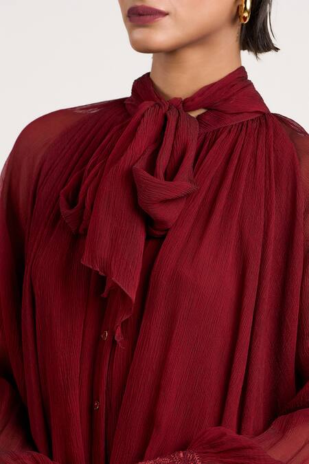 Shop_Ott_Maroon Silk Embroidery High Neck Double-layered Scarf Top _Online_at_Aza_Fashions
