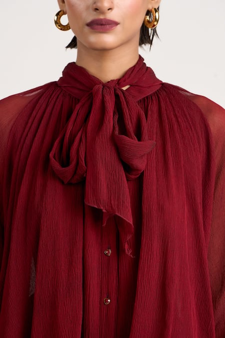 Ott_Maroon Silk Embroidery High Neck Double-layered Scarf Top _at_Aza_Fashions
