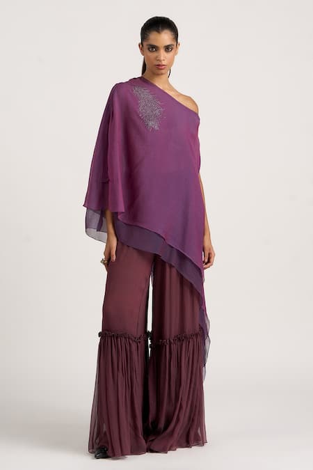 Shop_Ott_Purple Silk Sequins, Tassels One Shoulder Dual-toned Asymmetric Top _Online_at_Aza_Fashions