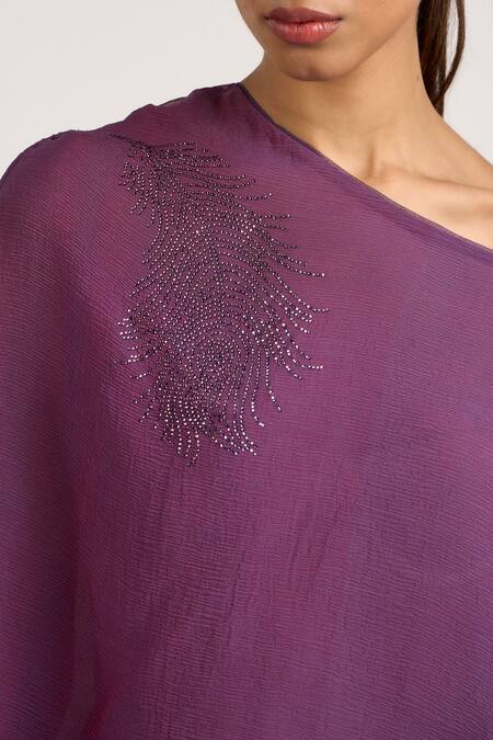 Buy_Ott_Purple Silk Sequins, Tassels One Shoulder Dual-toned Asymmetric Top 
