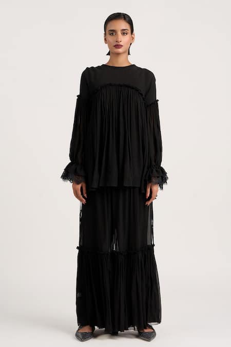 Ott_Black Silk Lace Crew Neck Dual Tone Gathered Top _Online_at_Aza_Fashions