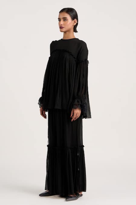 Buy_Ott_Black Silk Lace Crew Neck Dual Tone Gathered Top _Online_at_Aza_Fashions