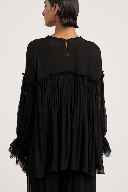 Shop_Ott_Black Silk Lace Crew Neck Dual Tone Gathered Top _Online_at_Aza_Fashions