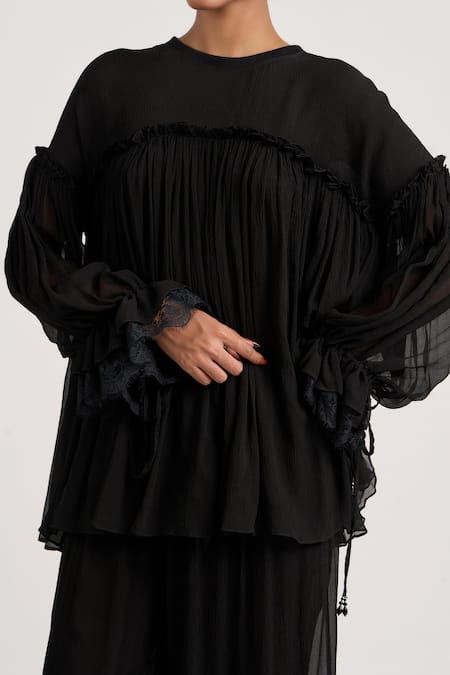 Ott_Black Silk Lace Crew Neck Dual Tone Gathered Top _at_Aza_Fashions