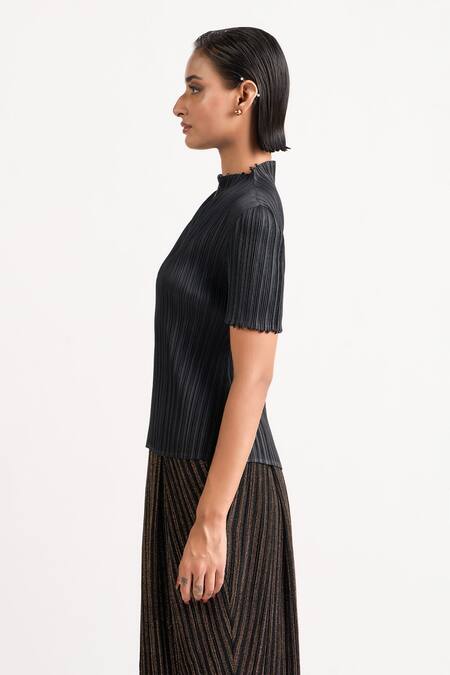 Ott_Black Polyester Beads High Neck Crinkle Top _Online_at_Aza_Fashions