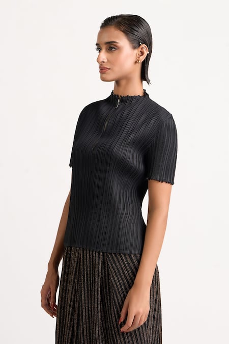 Buy_Ott_Black Polyester Beads High Neck Crinkle Top _Online_at_Aza_Fashions