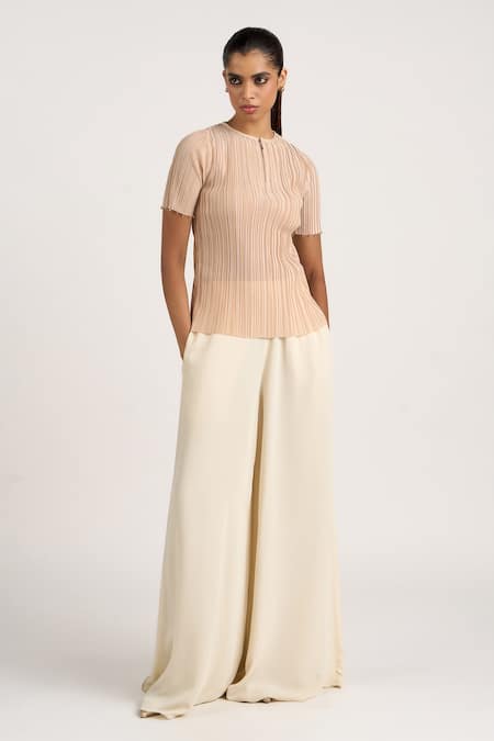 Buy_Ott_Beige Polyester Beads High Neck The Crinkle Top _Online_at_Aza_Fashions