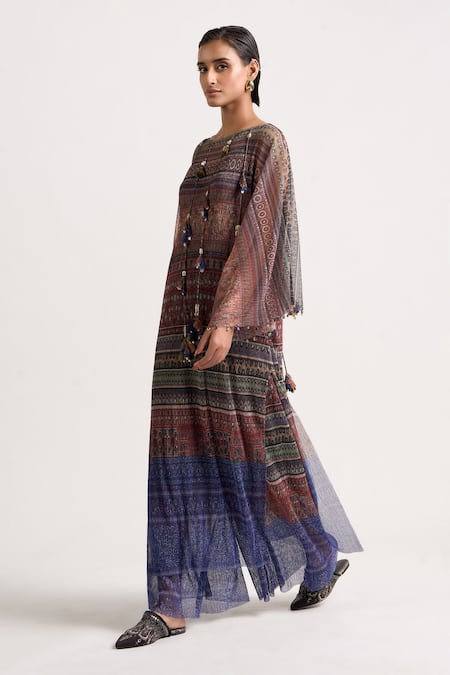 Ott_Multi Color Polyester Beads, Tassels Boat Neck The Collage Print Dress _Online_at_Aza_Fashions