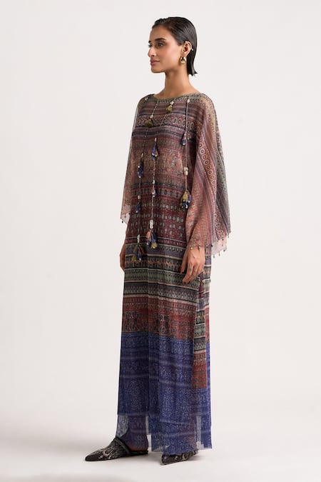 Buy_Ott_Multi Color Polyester Beads, Tassels Boat Neck The Collage Print Dress _Online_at_Aza_Fashions