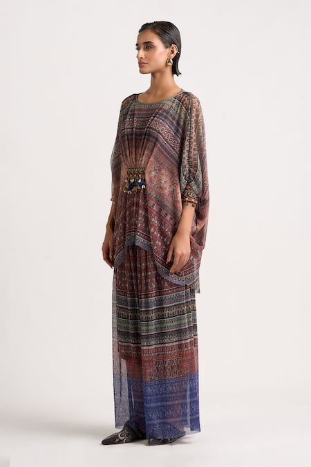 Ott Multi Color Polyester Tassels Boat Neck The Collage Draped Kimono Top Online at Aza Fashions Ott_Multi Color Polyester Tassels Boat Neck The Collage Draped Kimono Top _Online_at_Aza_Fashions